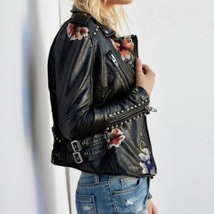 Embroidered Faux Leather Jacket